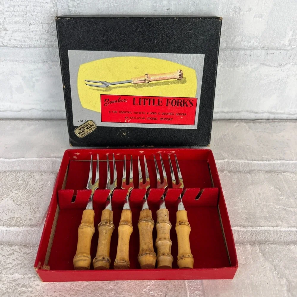 Viking Bamboo Little Forks 6 Cocktail Hand Made Set Original Box Japan Vintage